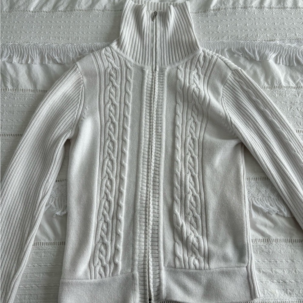Dalia Cream Cable Knit Turtleneck Zip-Up Sweater